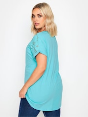 Yours Curve Blue 100% Cotton Floral Mesh Panel T-Shirt - Image 3 of 5