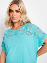 Yours Curve Blue 100% Cotton Floral Mesh Panel T-Shirt - Image 4 of 5