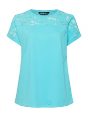 Yours Curve Blue 100% Cotton Floral Mesh Panel T-Shirt - Image 5 of 5