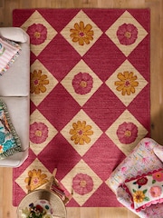 Lucy Tiffney Pink Floral Diamond Jute Rug - Image 1 of 4