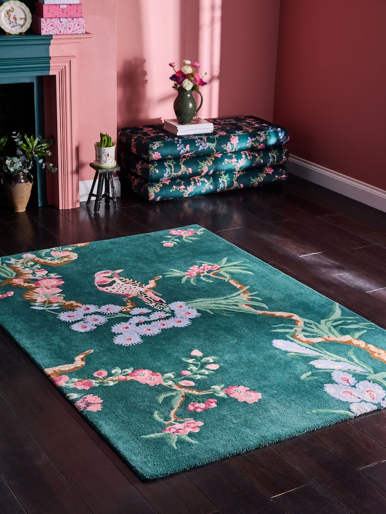 Cath Kidston Green Birds and Berries Wool Rug - Image 1 of 5