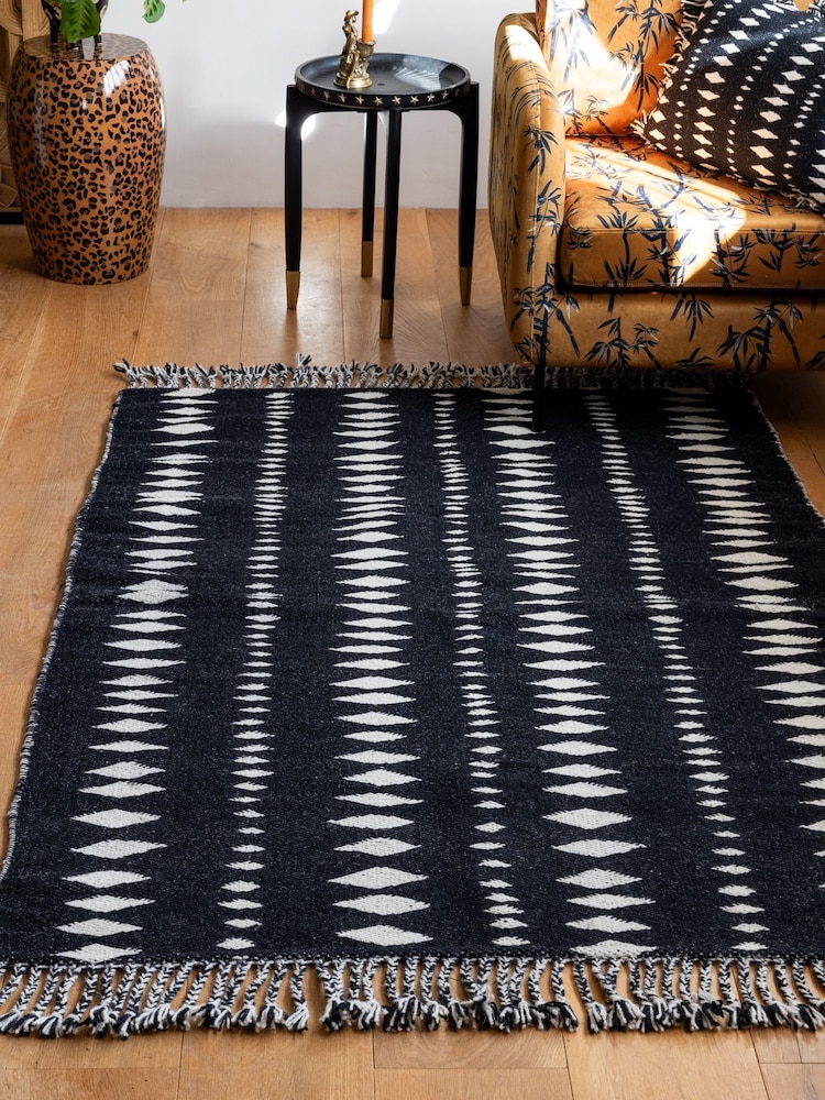 Rockett St George Black Geo Cowboy Flatweave Wool Rich Rug - Image 1 of 5