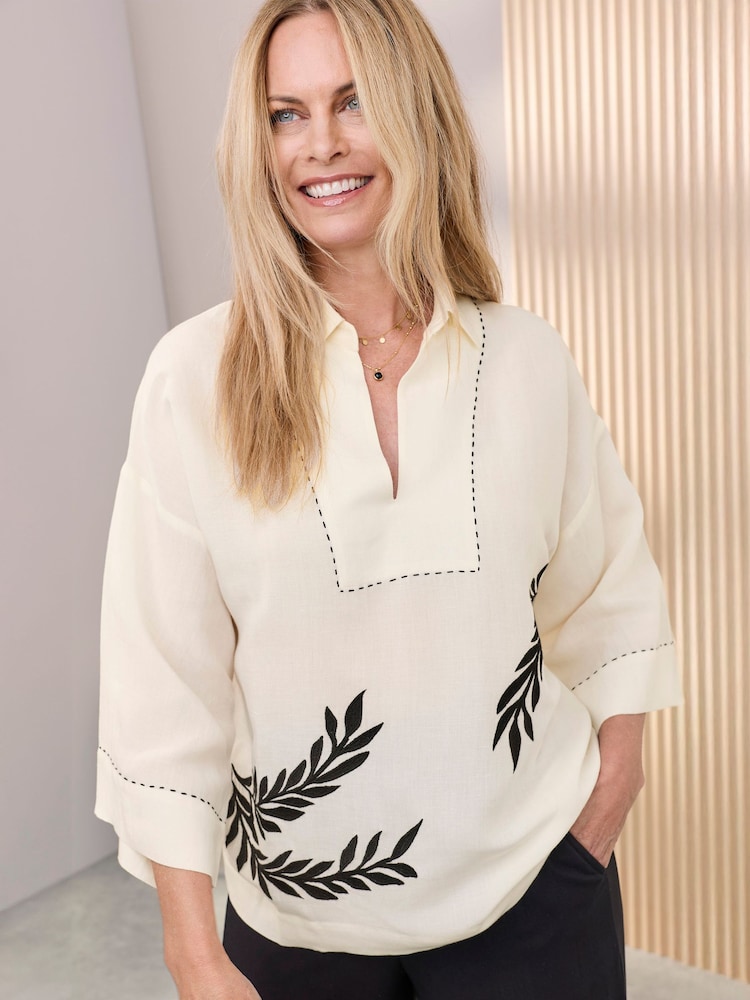 Cotton Traders Cream 3/4 Sleeve Placement Embroidered Top - Image 1 of 4 Cotton Traders Cream 3/4 Sleeve Placement Embroidered Top - Image 1 of 4