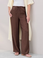 Cotton Traders Brown Crinkle Pull On Wide Leg Trousers - Image 1 of 4