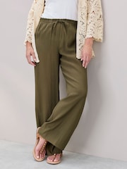 Cotton Traders Green Crinkle Pull On Wide Leg Trousers - Image 2 of 4