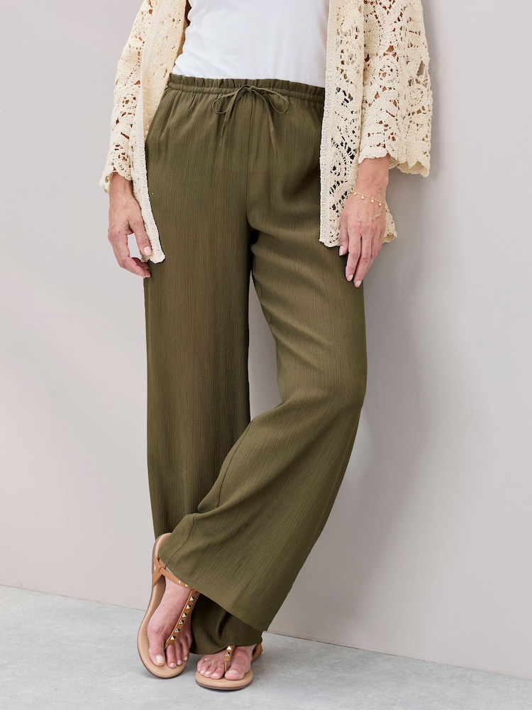 Cotton Traders Green Crinkle Pull On Wide Leg Trousers - Image 2 of 4