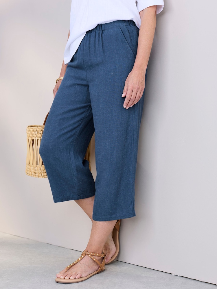 Cotton Traders Blue Viscose Linen Blend Cropped Trousers - Image 2 of 4