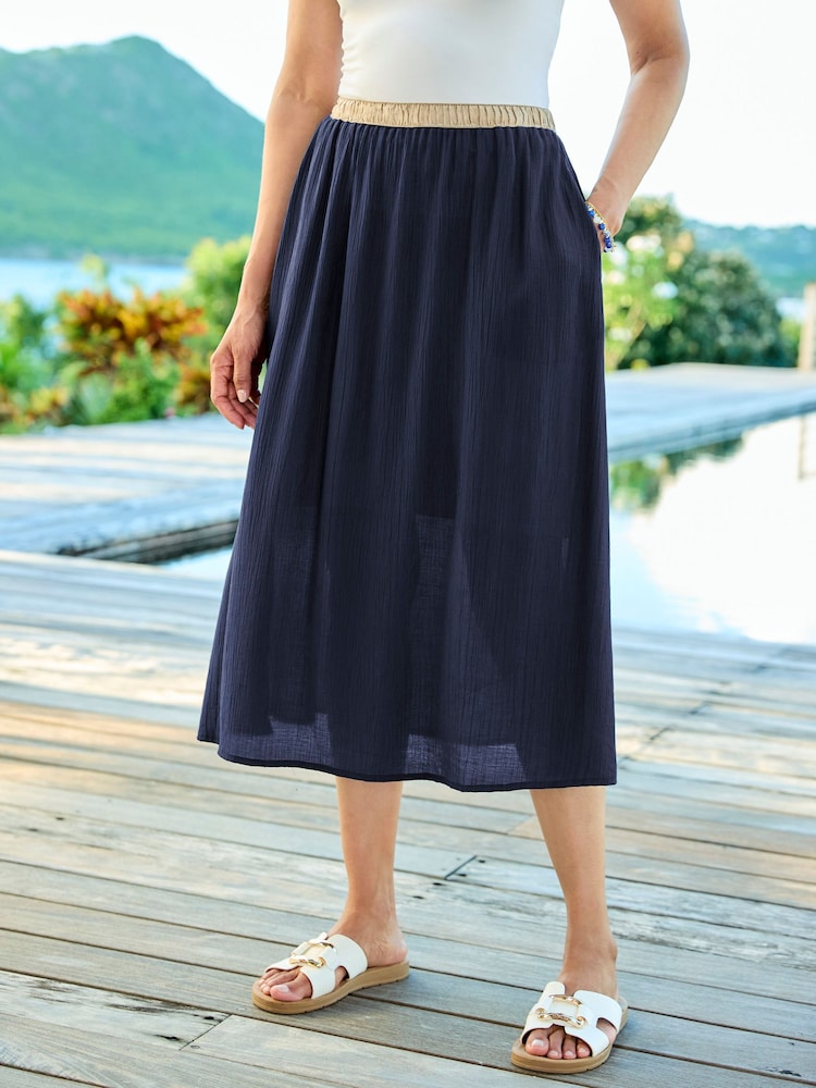 Cotton Traders Blue Contrast Waist Pull On Skirt - Image 1 of 3 Cotton Traders Blue Contrast Waist Pull On Skirt - Image 1 of 3