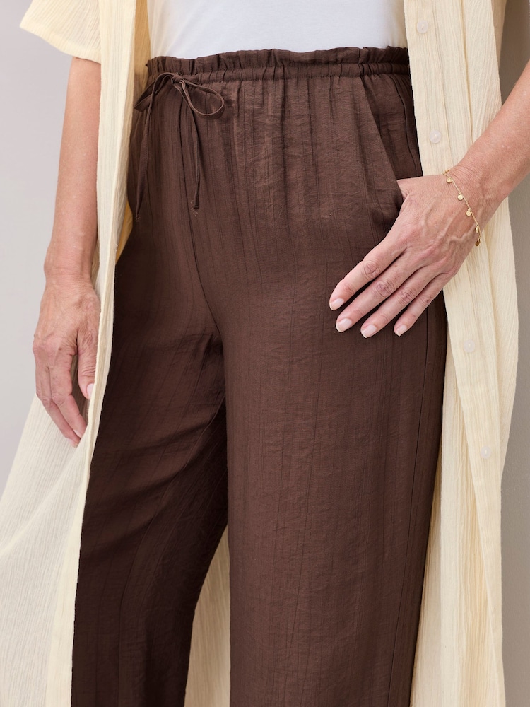 Cotton Traders Brown Crinkle Pull On Wide Leg Trousers - Image 4 of 4