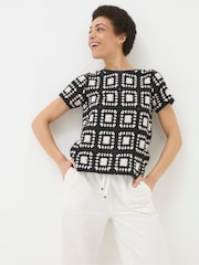 FatFace Black Mono Crochet Patchwork T-Shirt - Image 1 of 5