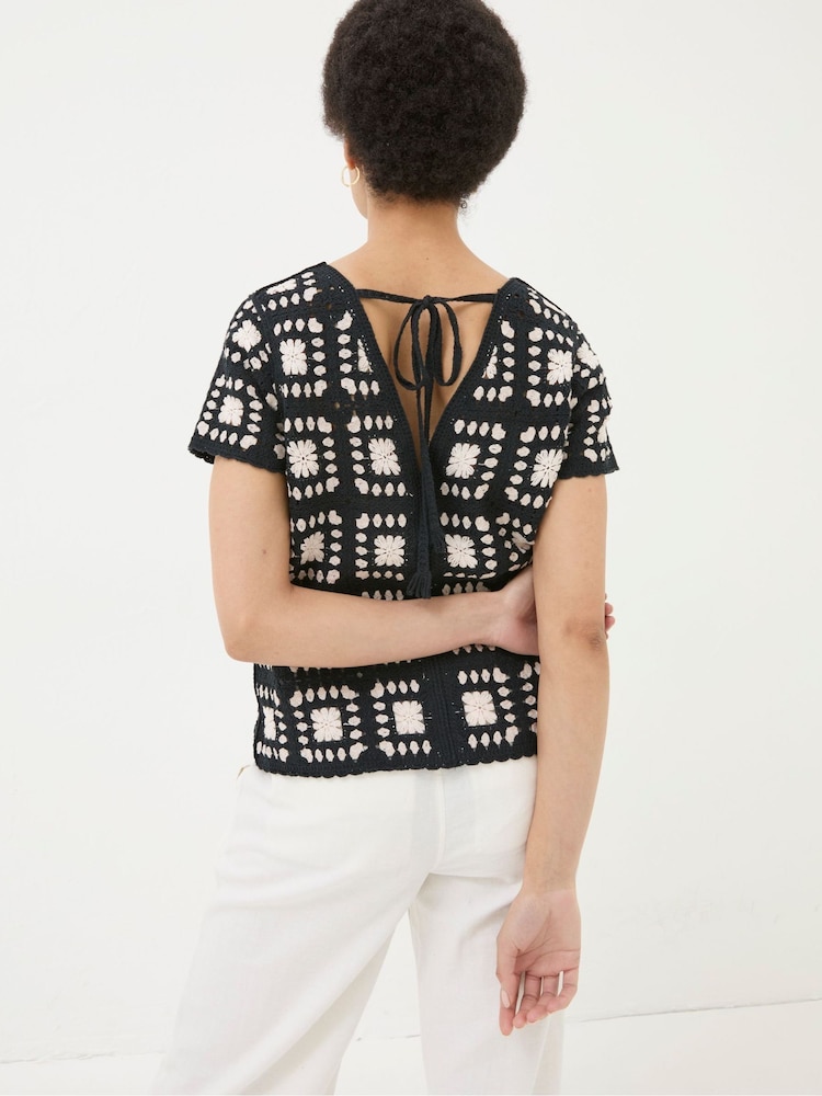 FatFace Black Mono Crochet Patchwork T-Shirt - Image 2 of 5