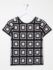 FatFace Black Mono Crochet Patchwork T-Shirt - Image 5 of 5