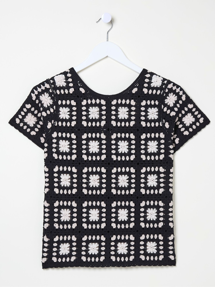 FatFace Black Mono Crochet Patchwork T-Shirt - Image 5 of 5