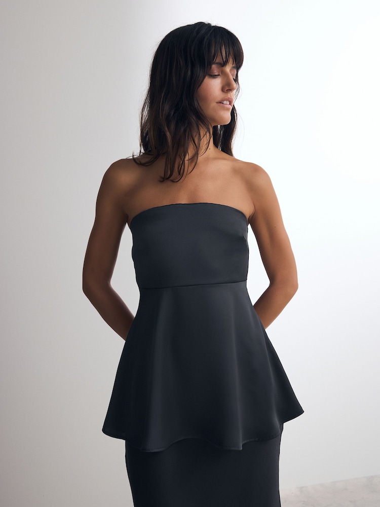 Black Satin Peplum Bandeau Top - Image 1 of 8