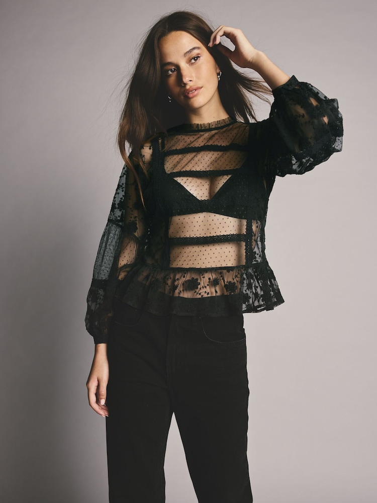 Black Sheer Lace High Neck Blouse - Image 1 of 8