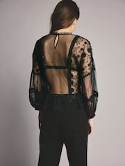 Black Sheer Lace High Neck Blouse - Image 3 of 8