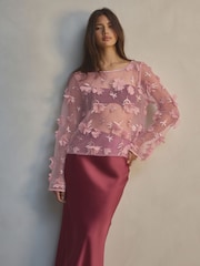 Blush Pink 3D Floral Long Sleeve Mesh Top - Image 1 of 8