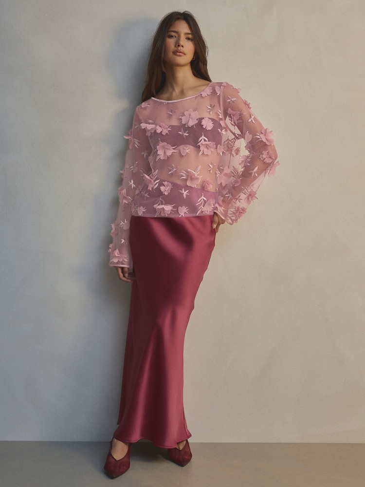 Blush Pink 3D Floral Long Sleeve Mesh Top - Image 2 of 8