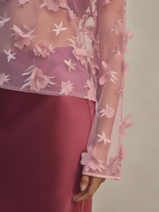 Blush Pink 3D Floral Long Sleeve Mesh Top - Image 3 of 8