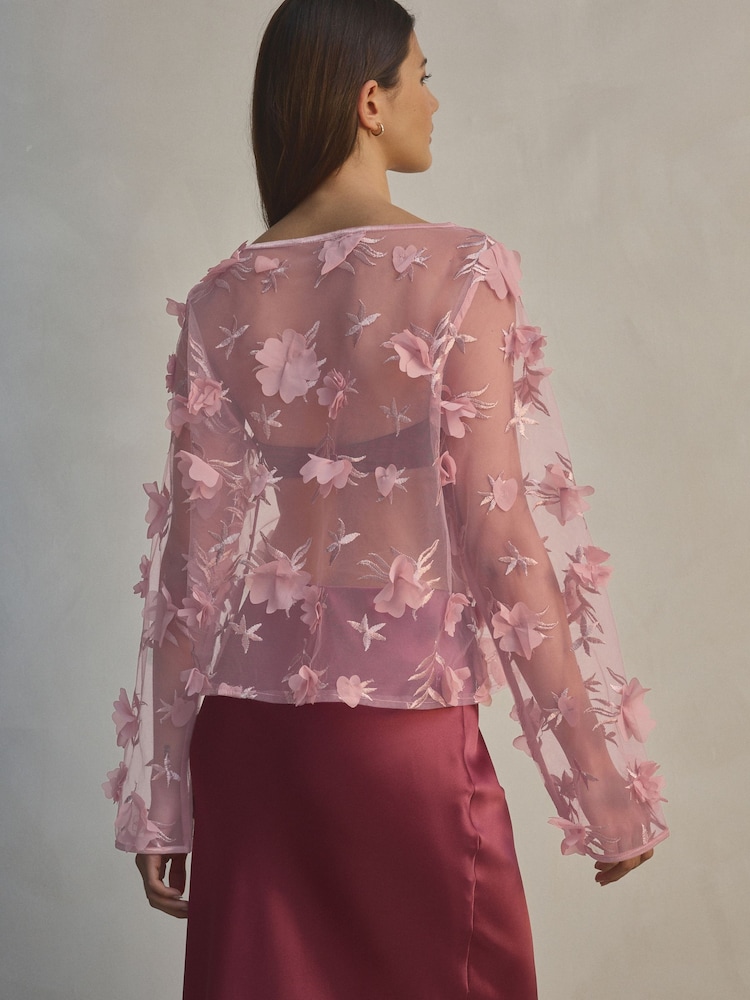 Blush Pink 3D Floral Long Sleeve Mesh Top - Image 4 of 8