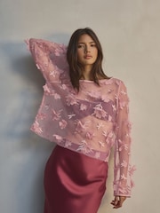 Blush Pink 3D Floral Long Sleeve Mesh Top - Image 5 of 8