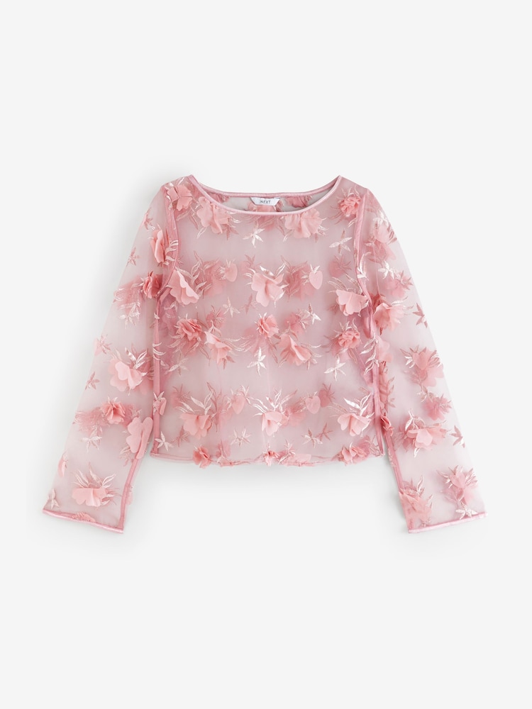 Blush Pink 3D Floral Long Sleeve Mesh Top - Image 6 of 8