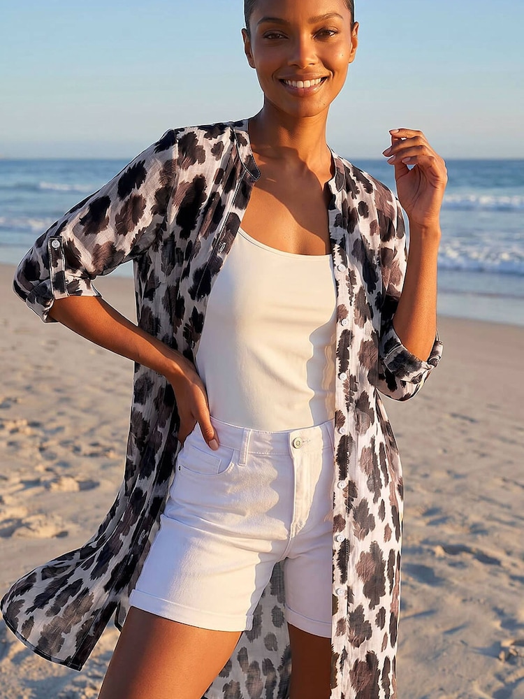 Roman Brown Animal Print Longline Blouse - Image 1 of 4