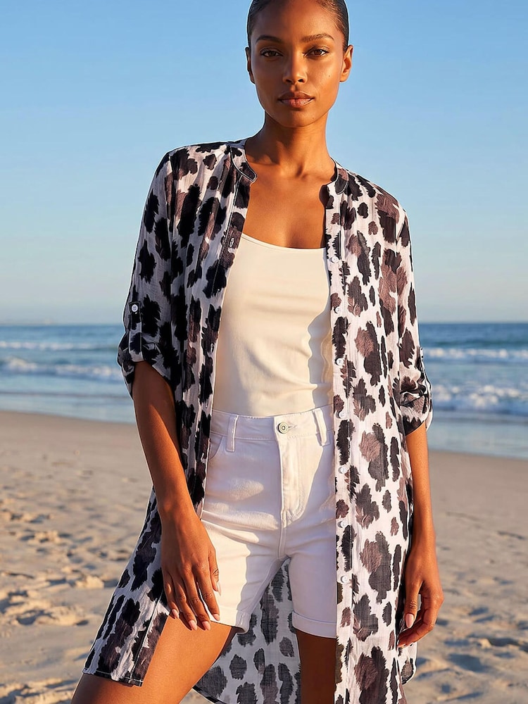 Roman Brown Animal Print Longline Blouse - Image 2 of 4