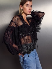 Black Embellished Lace Sheer Long Sleeve Blouse - Image 1 of 7