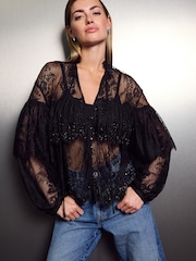 Black Embellished Lace Sheer Long Sleeve Blouse - Image 2 of 7