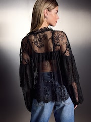 Black Embellished Lace Sheer Long Sleeve Blouse - Image 3 of 7