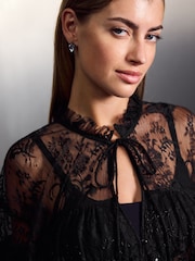Black Embellished Lace Sheer Long Sleeve Blouse - Image 4 of 7