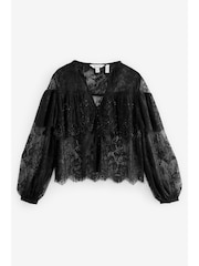 Black Embellished Lace Sheer Long Sleeve Blouse - Image 5 of 7