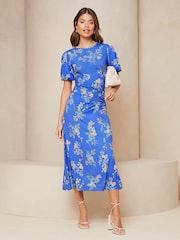 Lipsy Blue Puff Sleeve Ruched Midaxi Printed Dress - Image 1 of 4