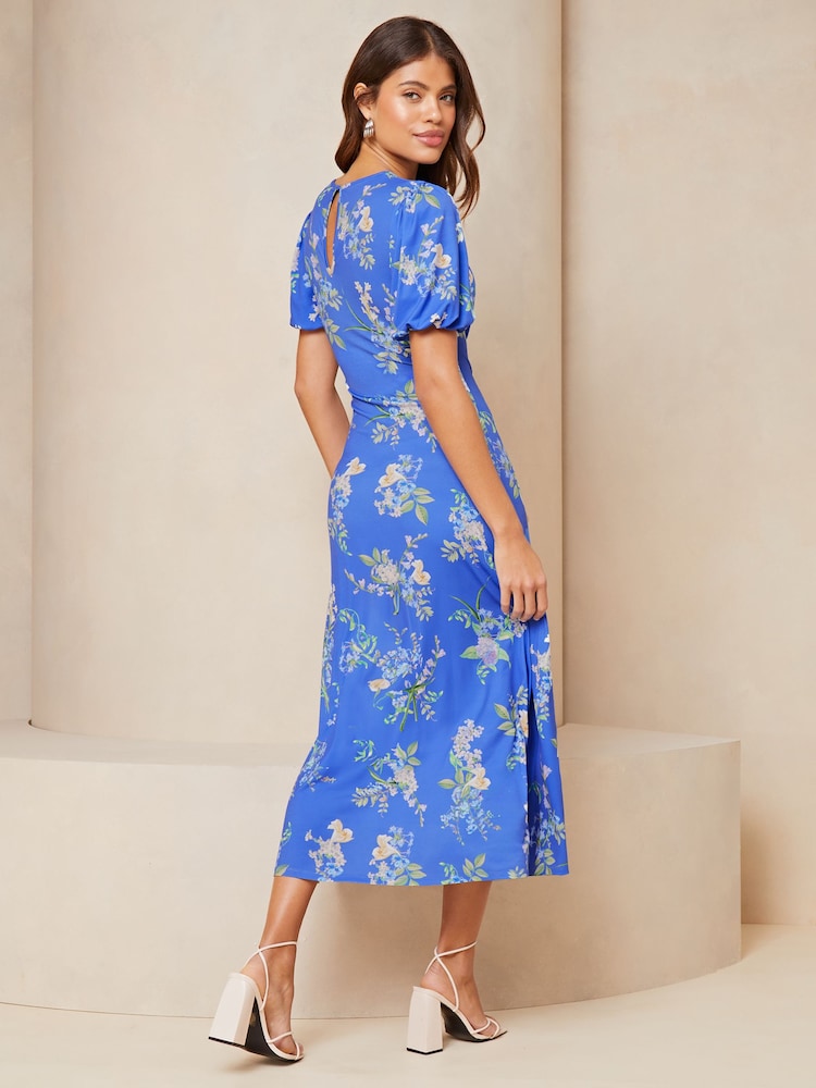 Lipsy Blue Puff Sleeve Ruched Midaxi Printed Dress - Image 2 of 4