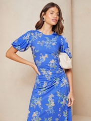 Lipsy Blue Puff Sleeve Ruched Midaxi Printed Dress - Image 3 of 4