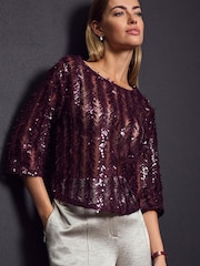 Red Burgundy Sequin Sheer Fluffy Quarter Sleeve Top - Image 1 of 7