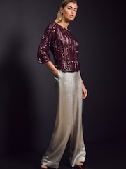 Red Burgundy Sequin Sheer Fluffy Quarter Sleeve Top - Image 2 of 7