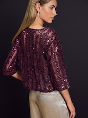 Red Burgundy Sequin Sheer Fluffy Quarter Sleeve Top - Image 3 of 7
