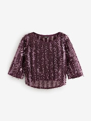 Red Burgundy Sequin Sheer Fluffy Quarter Sleeve Top - Image 5 of 7