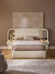 Relaxed Chenille Oyster Mia Upholstered Ottoman Hotel Bed with Bedside Tables and Mirrors With Lights - Image 1 of 8