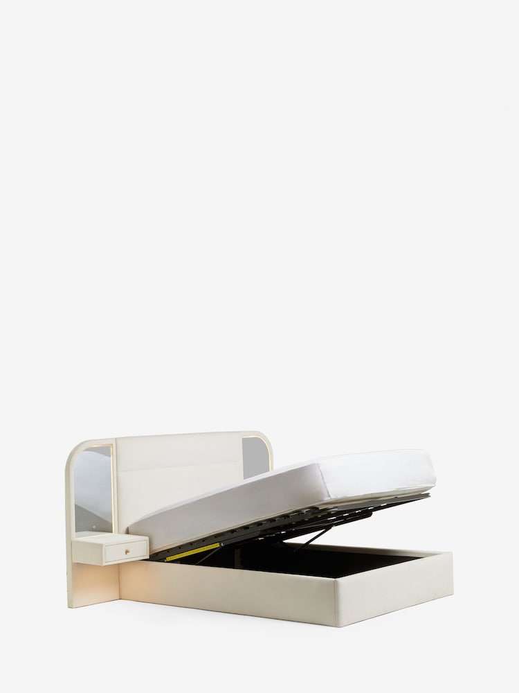 Relaxed Chenille Oyster Mia Upholstered Ottoman Hotel Bed with Bedside Tables and Mirrors With Lights - Image 12 of 12