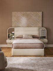 Relaxed Chenille Oyster Mia Upholstered Ottoman Hotel Bed with Bedside Tables and Mirrors With Lights - Image 2 of 8