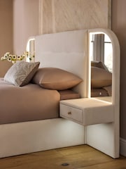 Relaxed Chenille Oyster Mia Upholstered Ottoman Hotel Bed with Bedside Tables and Mirrors With Lights - Image 4 of 8