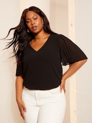 Curves Like These Black Short Sleeve Pleated Top - Image 1 of 4
