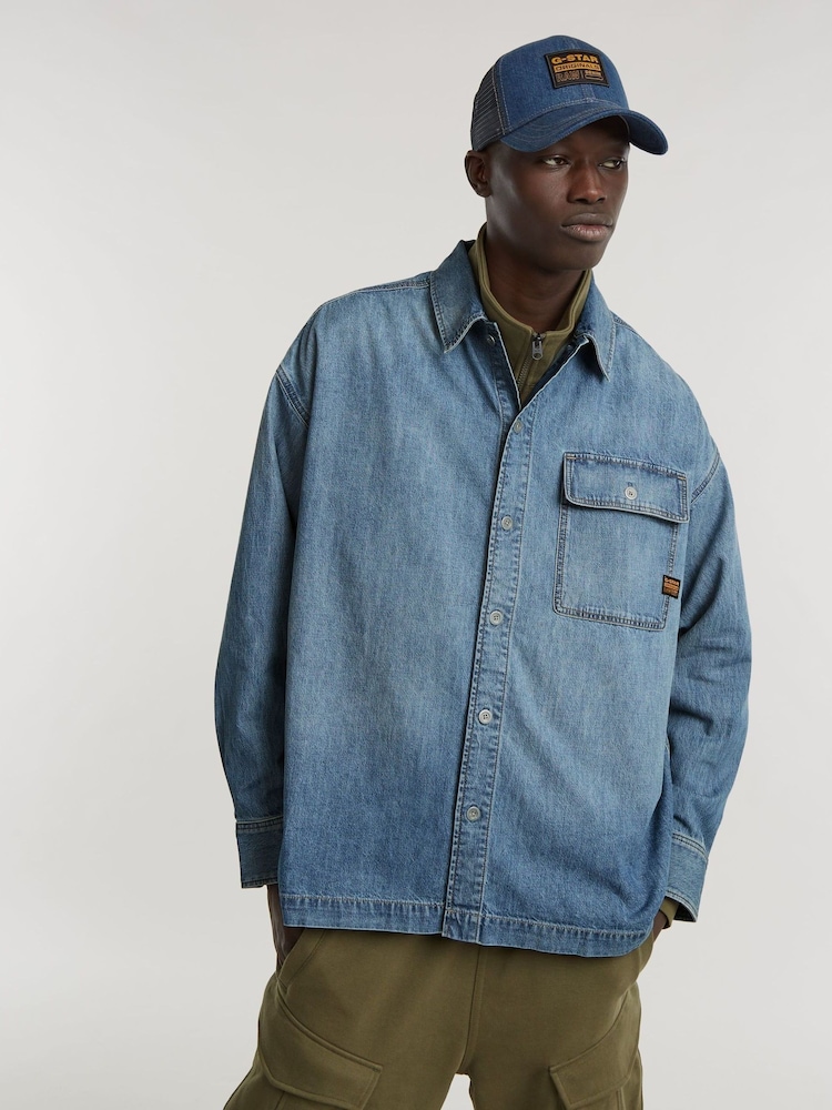 G Star Mid Blue Denim Boxy Fit Flap Denim Pocket 100% Cotton Shirt - Image 1 of 7 G Star Mid Blue Denim Boxy Fit Flap Denim Pocket 100% Cotton Shirt - Image 1 of 7