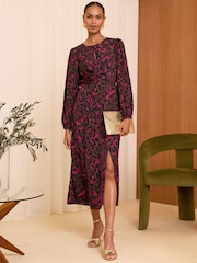Love & Roses Printed Satin Twist Long Sleeve Midi Dress - Image 1 of 4
