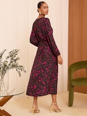 Love & Roses Printed Satin Twist Long Sleeve Midi Dress - Image 4 of 4