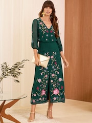 Темно-зеленый - V&A | Love & Roses Embroidered Scallop Neck Dobby Midi Dress - Image 1 of 4