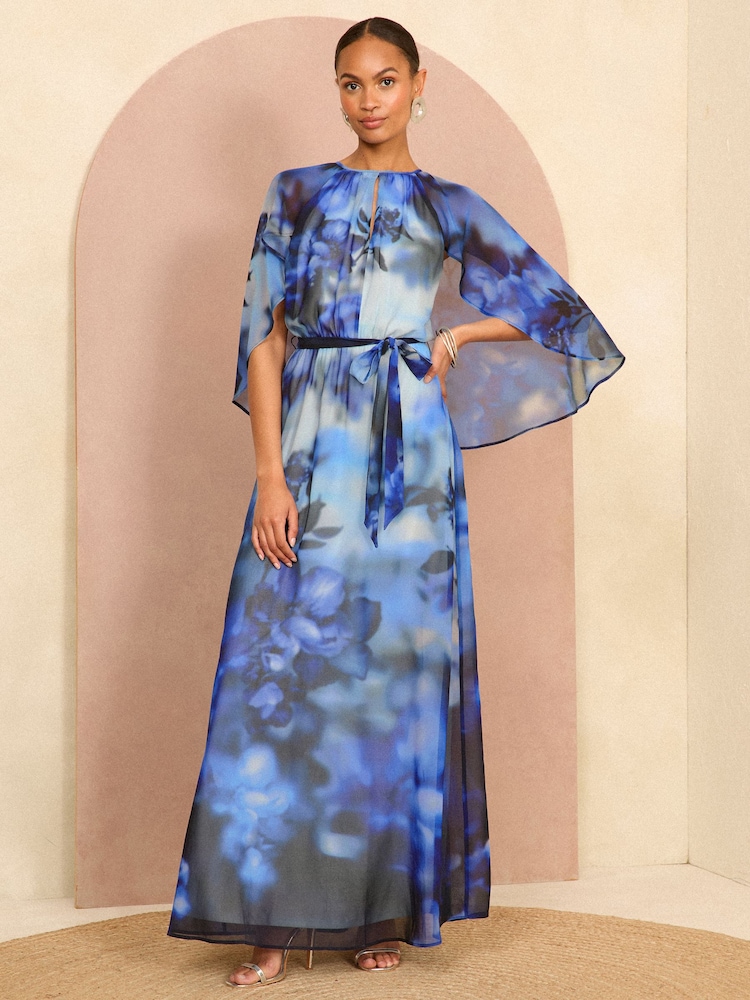 Love & Roses Navy Blue Floral Printed Cape Maxi Dress - Image 1 of 4